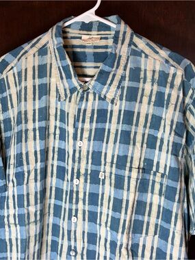 Anokhi Men’s XXL Shirt 100% Cotton Short-sleeved Abstract  Blue Splatter Plaid
